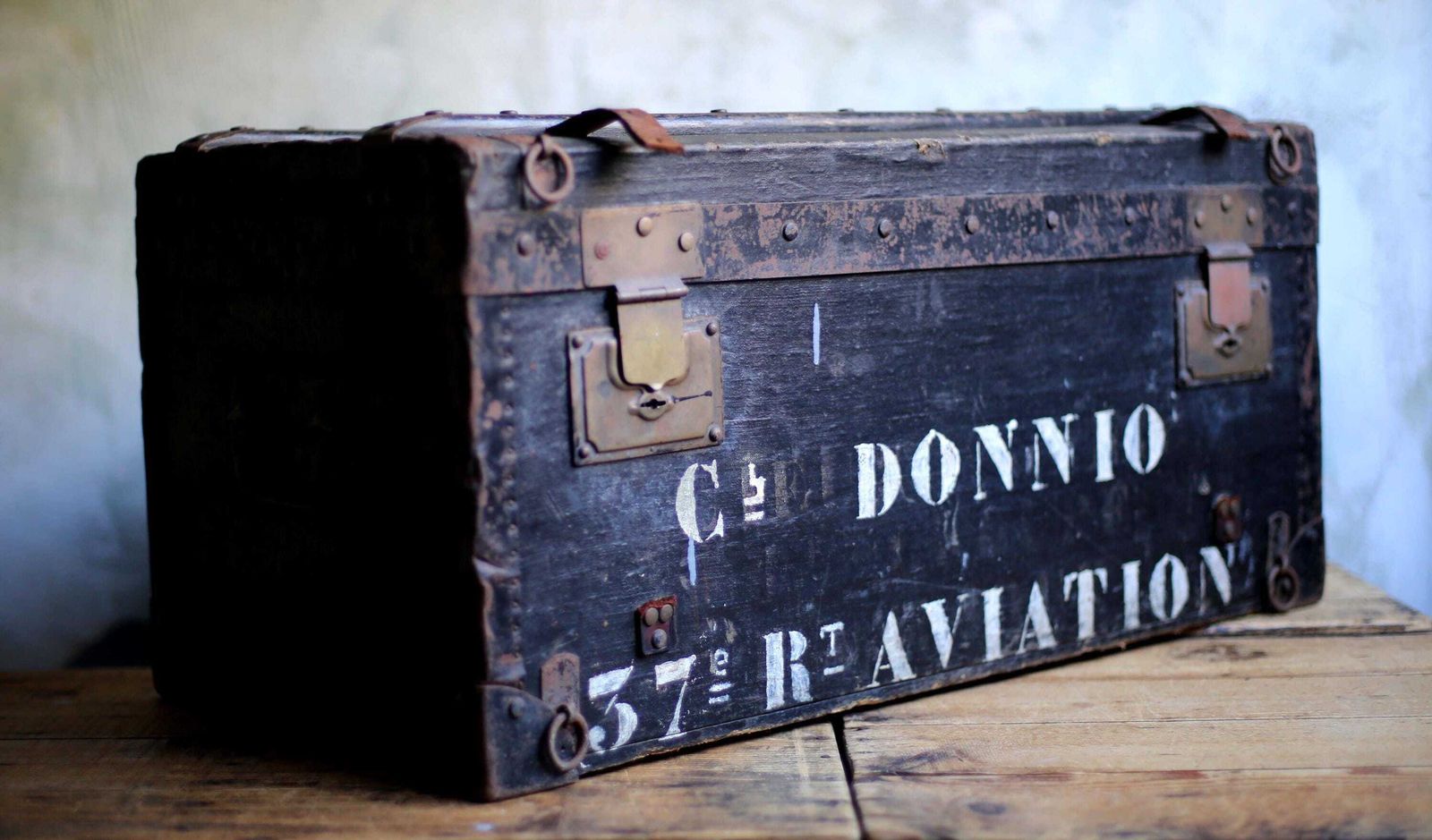Antique Wood Military Box Aviation Regiment Wwi Black Trunk First World War Storage Chest French Army photo for sale