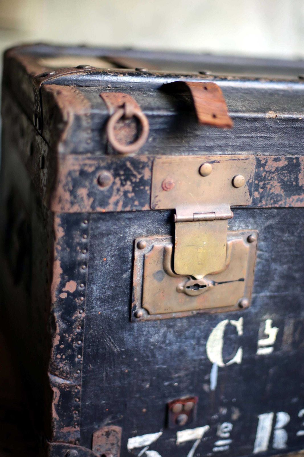 Antique Wood Military Box Aviation Regiment Wwi Black Trunk First World War Storage Chest French Army photo vintage