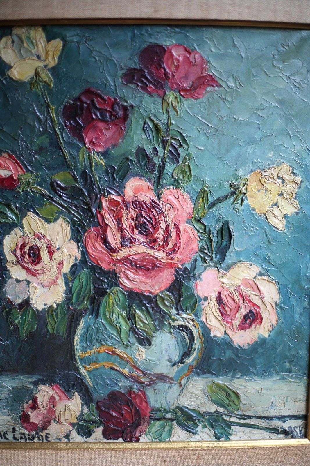 French Floral Oil Painting Canvas Art Flowers Framed Impasto Still Life By Jac Laube photo vinterior