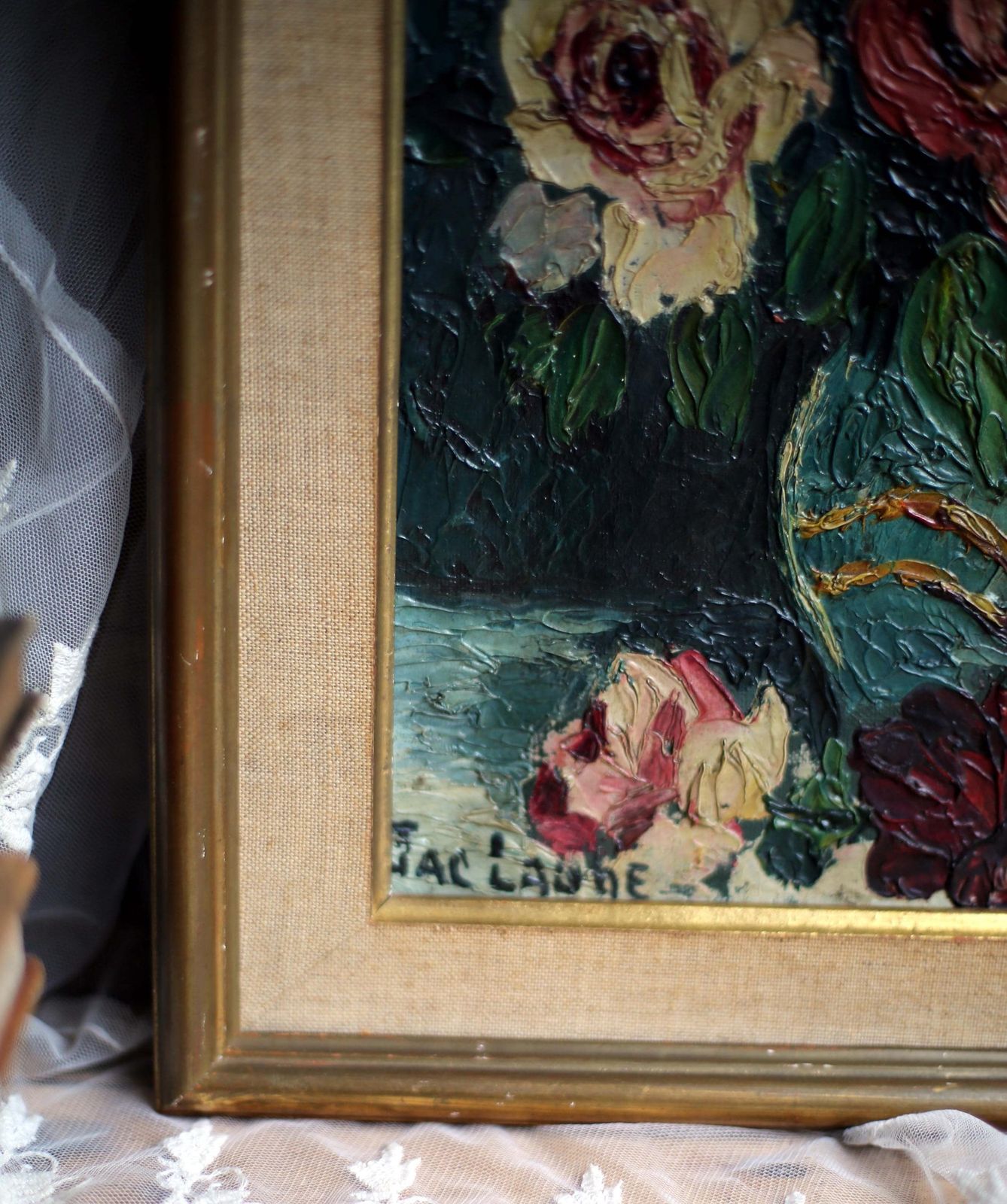 French Floral Oil Painting Canvas Art Flowers Framed Impasto Still Life By Jac Laube photo vintage