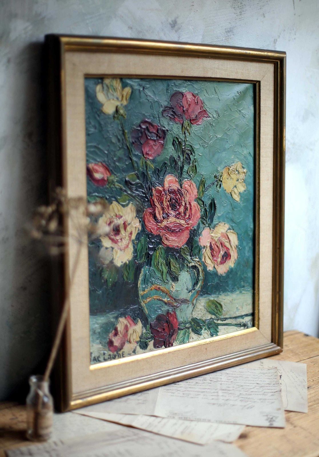 photo furniture French Floral Oil Painting Canvas Art Flowers Framed Impasto Still Life By Jac Laube