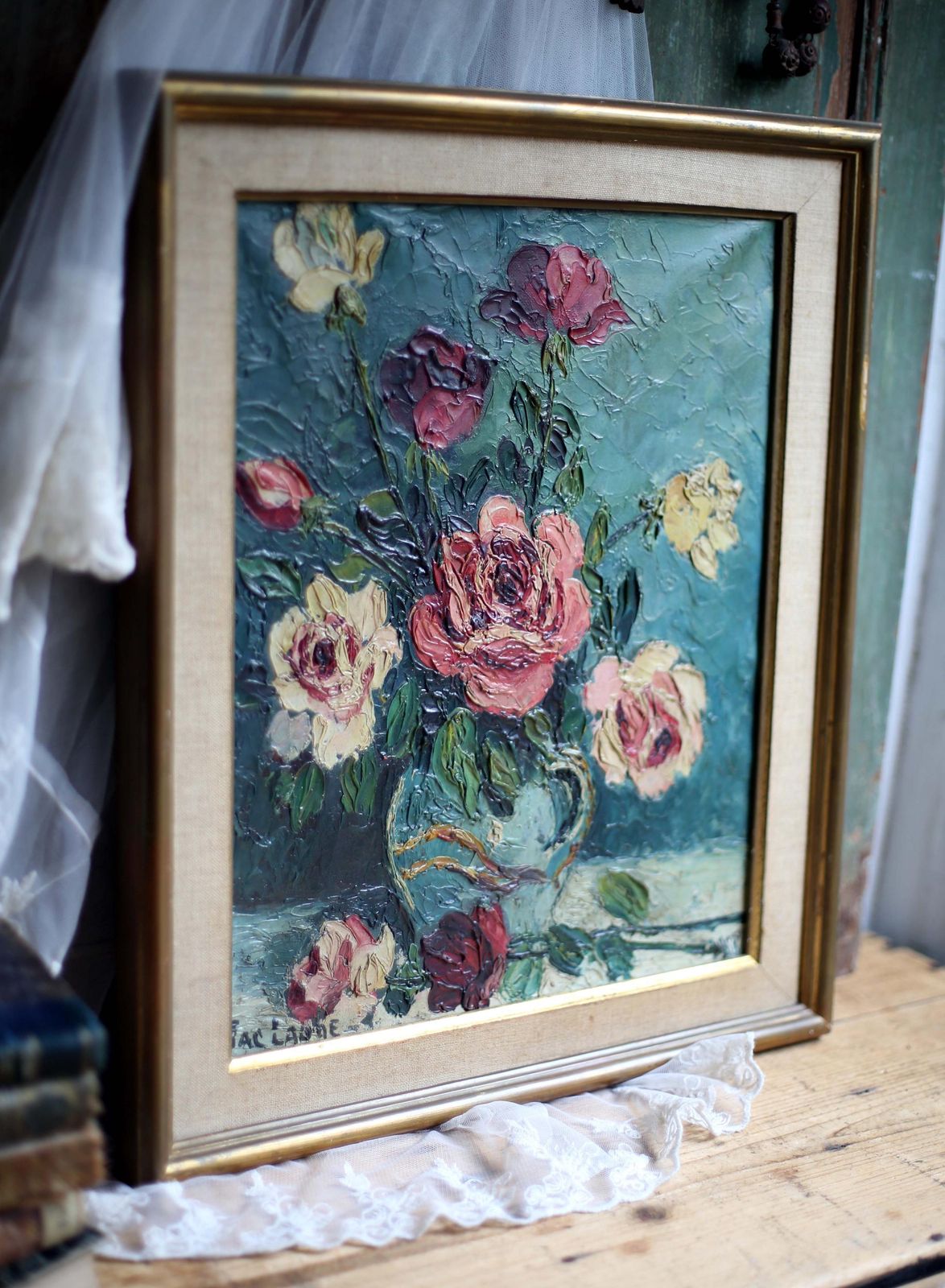 Art French Floral Oil Painting Canvas Art Flowers Framed Impasto Still Life By Jac Laube photo