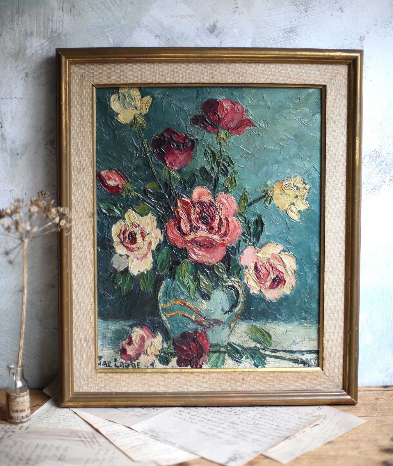 photo vintage French Floral Oil Painting Canvas Art Flowers Framed Impasto Still Life By Jac Laube