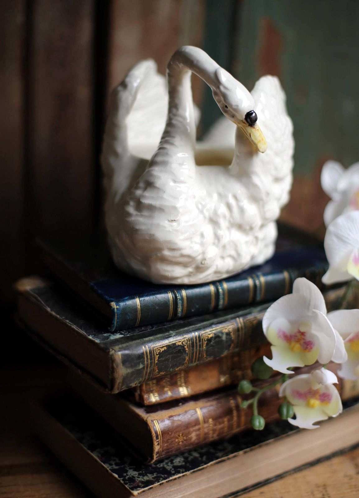 photo furniture Antique French Majolica Swan Trinket Pot Massier Fils Vallauris