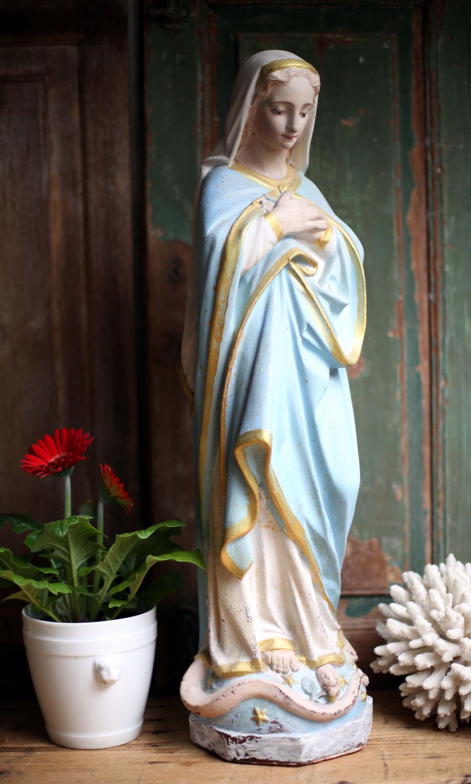 Large Antique French Virgin Mary Statue Polychrome Praying Madonna