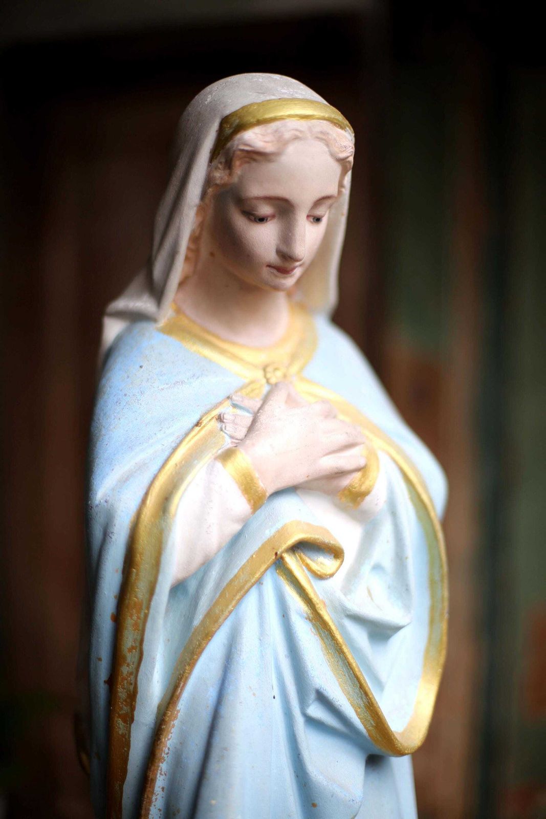 Large Antique French Virgin Mary Statue Polychrome Praying Madonna photo Art