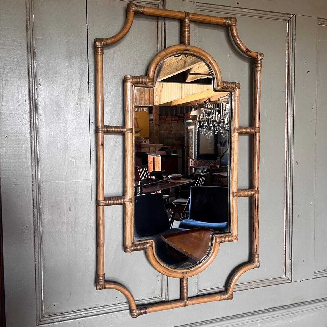 A Pair Of Large Vintage Bamboo Framed Wall Mirrors photo buy