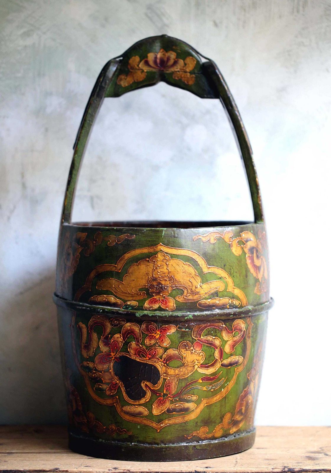 Large Antique Chinese Bucket Green Painted Folk Art Hand Carved Wooden Pail photo furniture