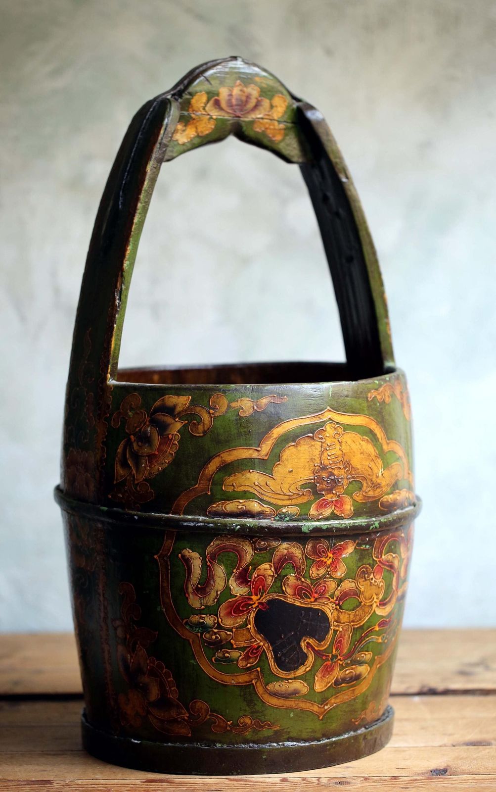 Large Antique Chinese Bucket Green Painted Folk Art Hand Carved Wooden Pail photo for sale