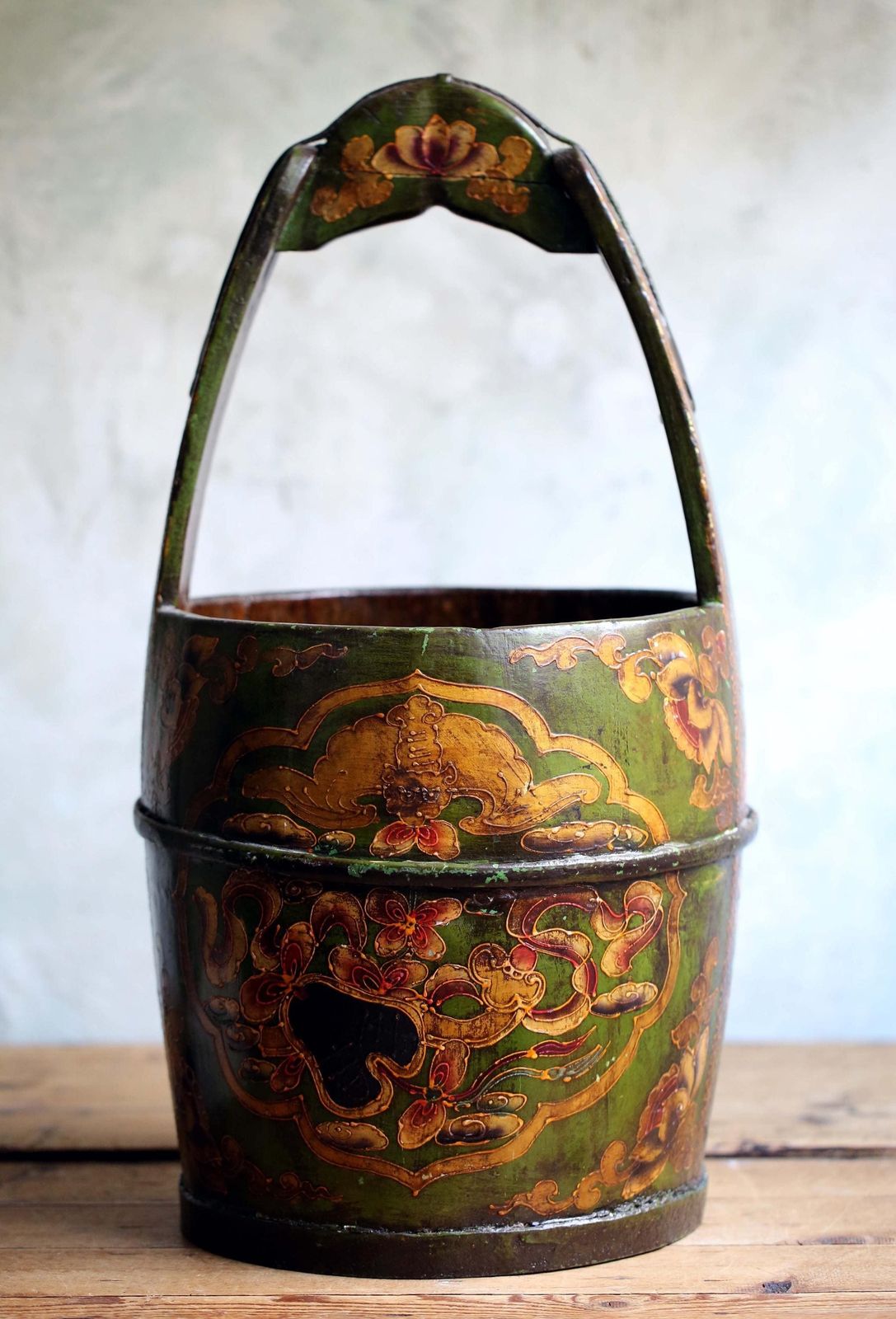 Large Antique Chinese Bucket Green Painted Folk Art Hand Carved Wooden Pail photo Home Decor