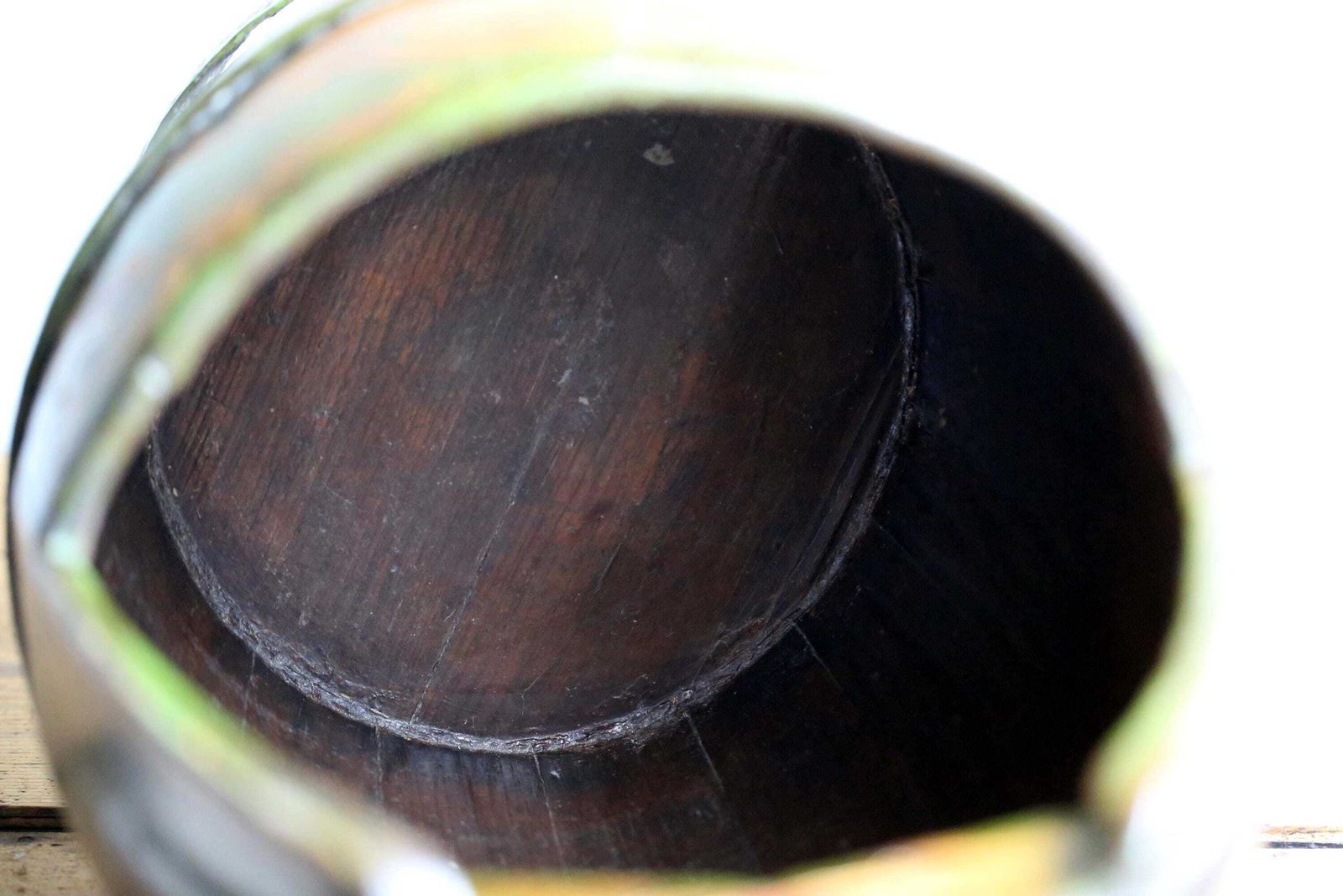 Home Decor Large Antique Chinese Bucket Green Painted Folk Art Hand Carved Wooden Pail photo