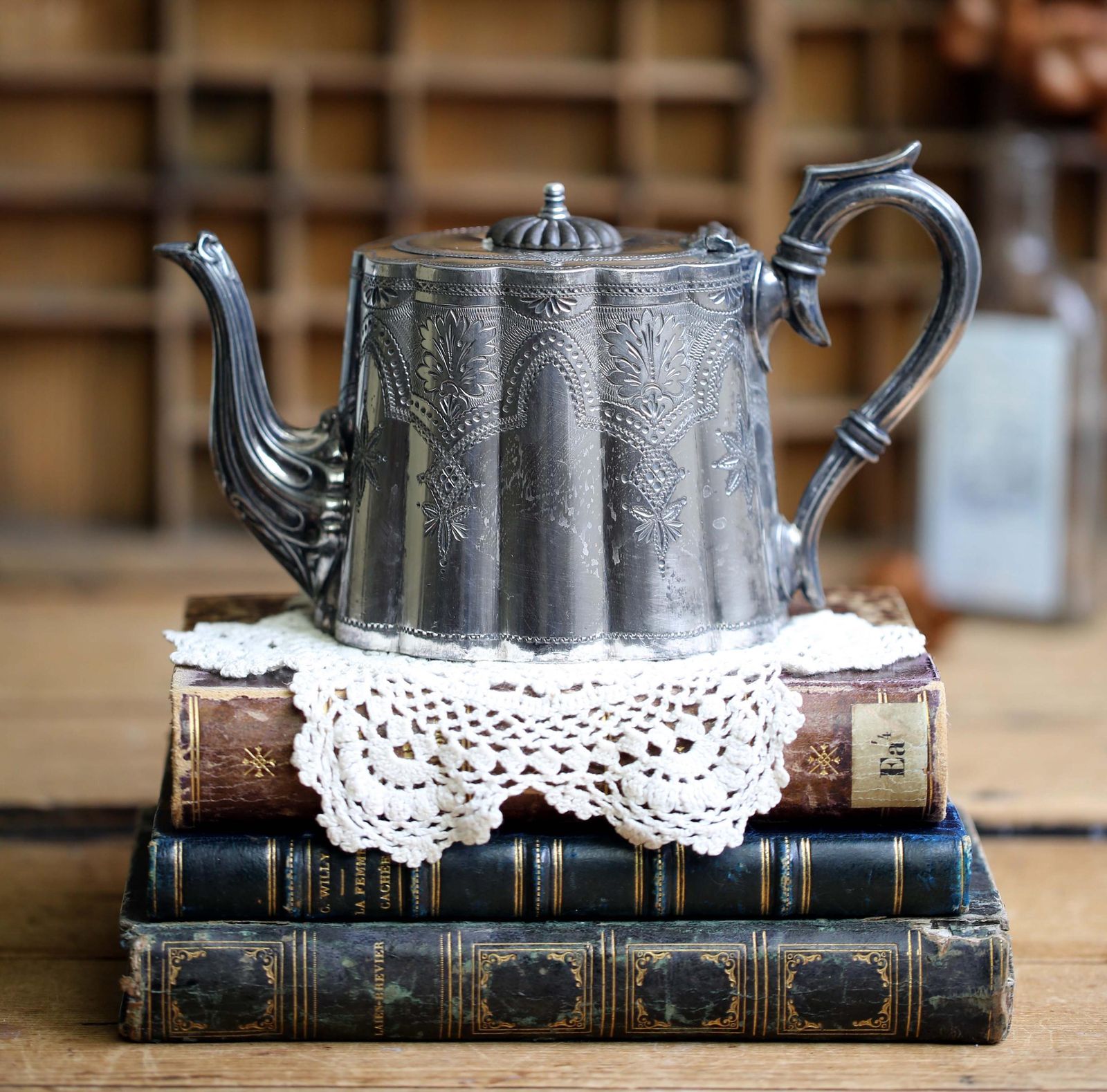 photo for sale Small Antique Aesthetic Era Teapot Engraved Ornate Silver Plate Tea Pot Aesthetic Movement