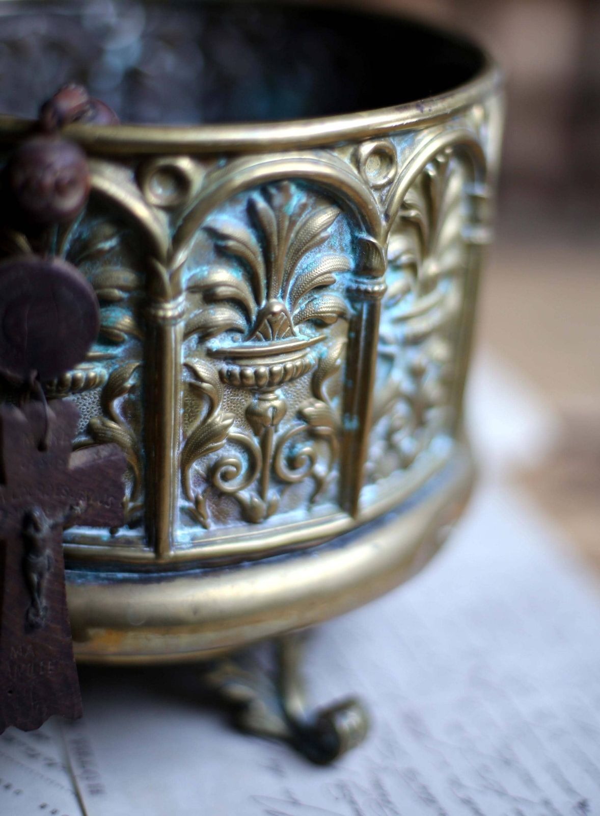 Antique French Jardiniere Brass Repousse Table Centerpiece Round Cache Pot Napoleon III 1800s photo buy