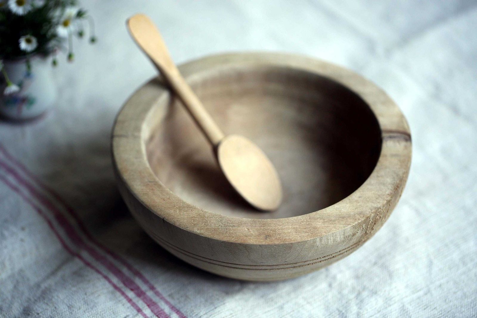 Antique Wooden Bowl Small Primitive French Dish & Carved Wood Spoon photo vinterior