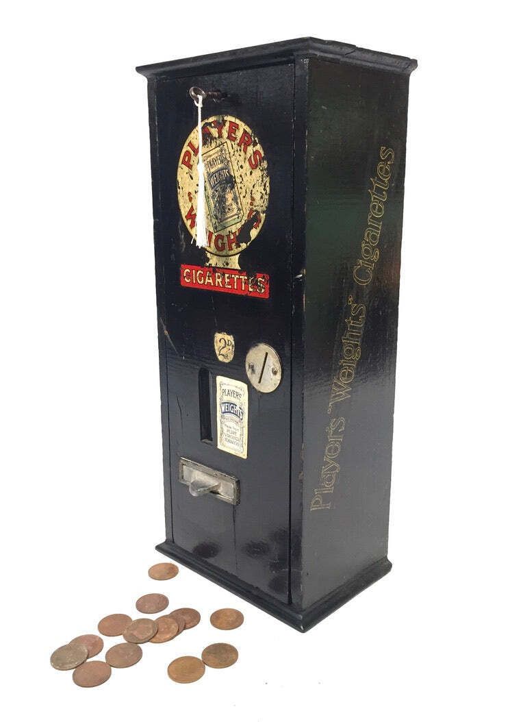 Antique Advertising   Wooden Players Coin Operated Cigarette Vending Machine