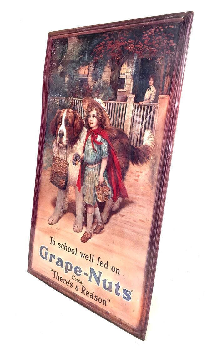 Antique Advertising   Large Tin Showcard Sign For Grape Nuts Cereal 20th Century photo for sale