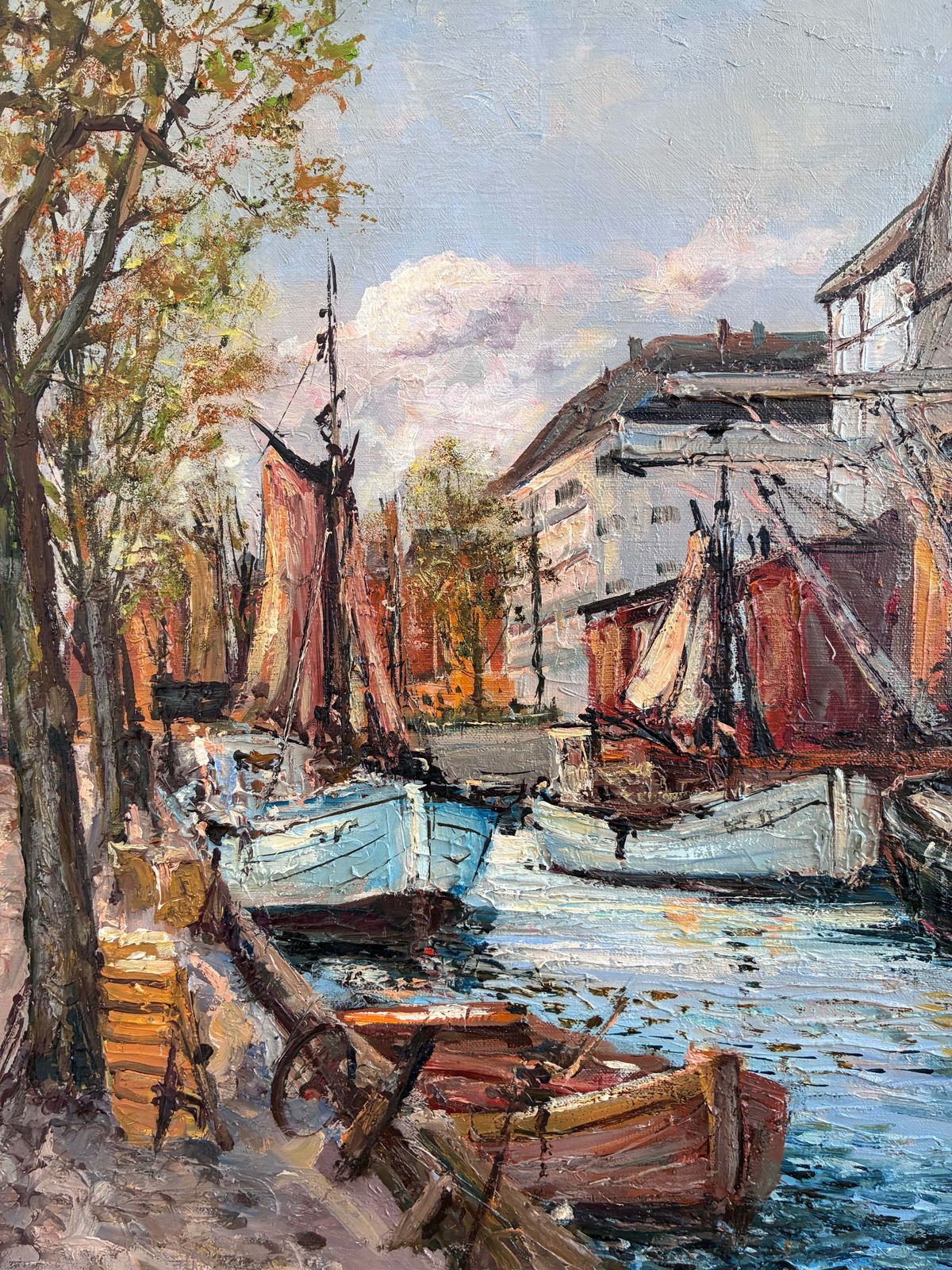 Vintage Original Oil Painting Of A Canal Cityscape, Circa 1970s photo for sale