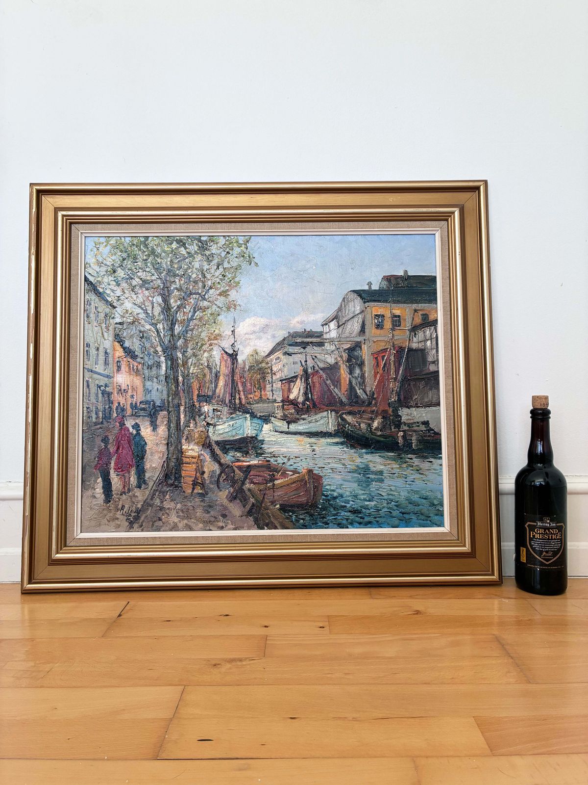 photo buy Vintage Original Oil Painting Of A Canal Cityscape, Circa 1970s