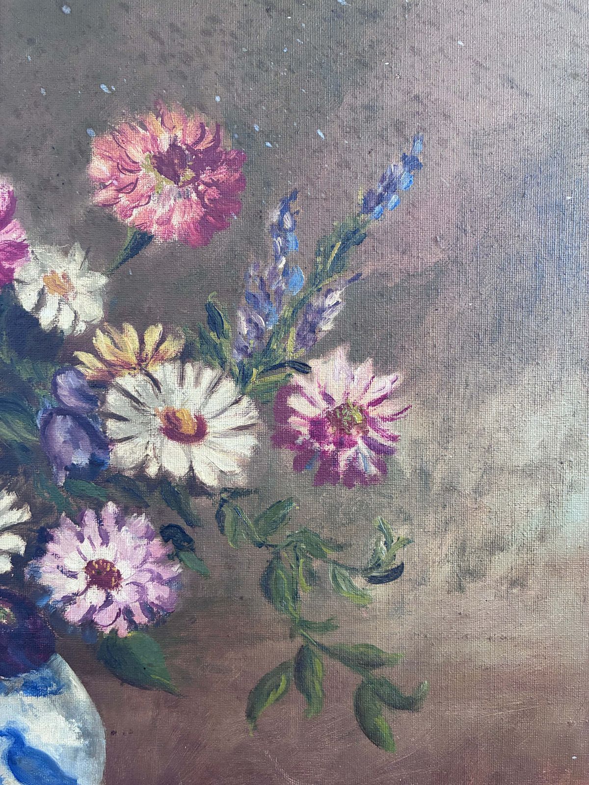 Vintage Original Floral Oil Painting With Blue And White Vase photo buy