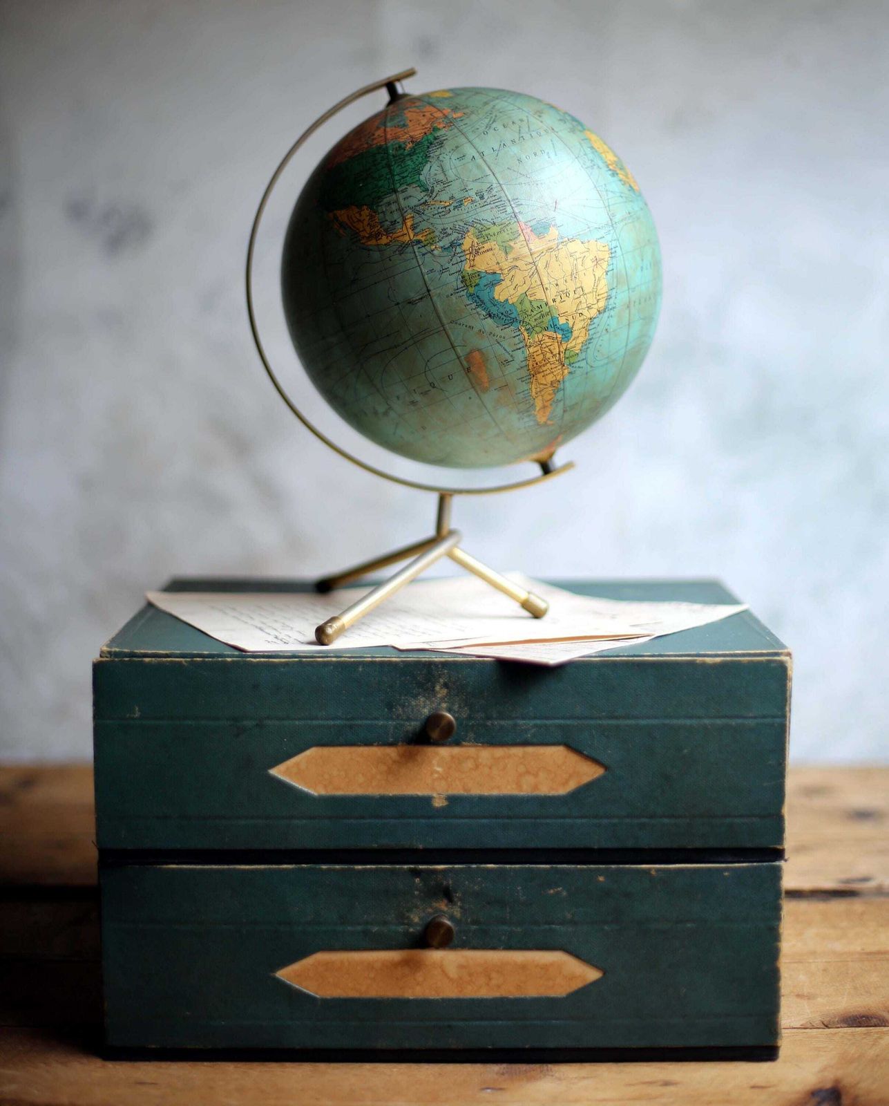 158.0 Antique French Notary File Box Lawyer Storage Container Green Double Cardboard Notaire Box photo
