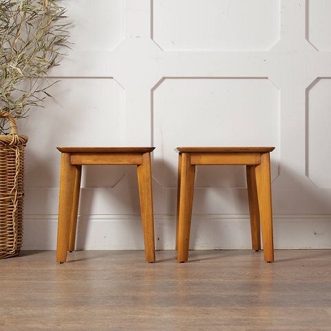 Pair Of Mid Century Honey Oak Homeworthy Stools / Stands photo vintage