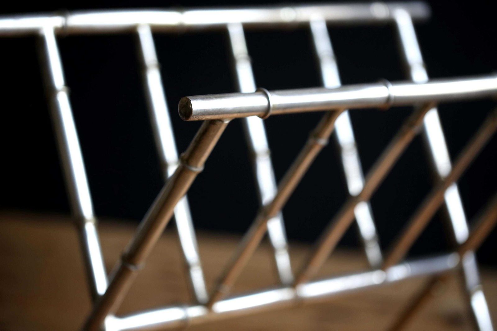 Faux Bamboo Magazine Rack Vintage Mid Century Newspaper Stand In Silver Metal Jacques Adnet Style photo for sale