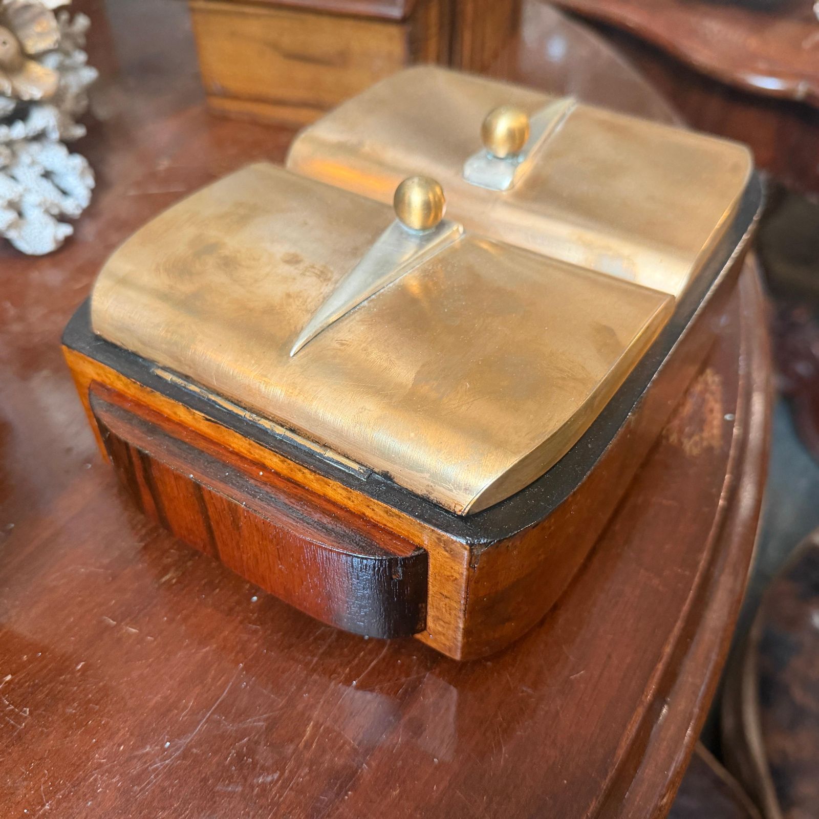 Home Decor 1930s Art Deco Wood Brass And Sterling Silver Italian Cigarette Box photo