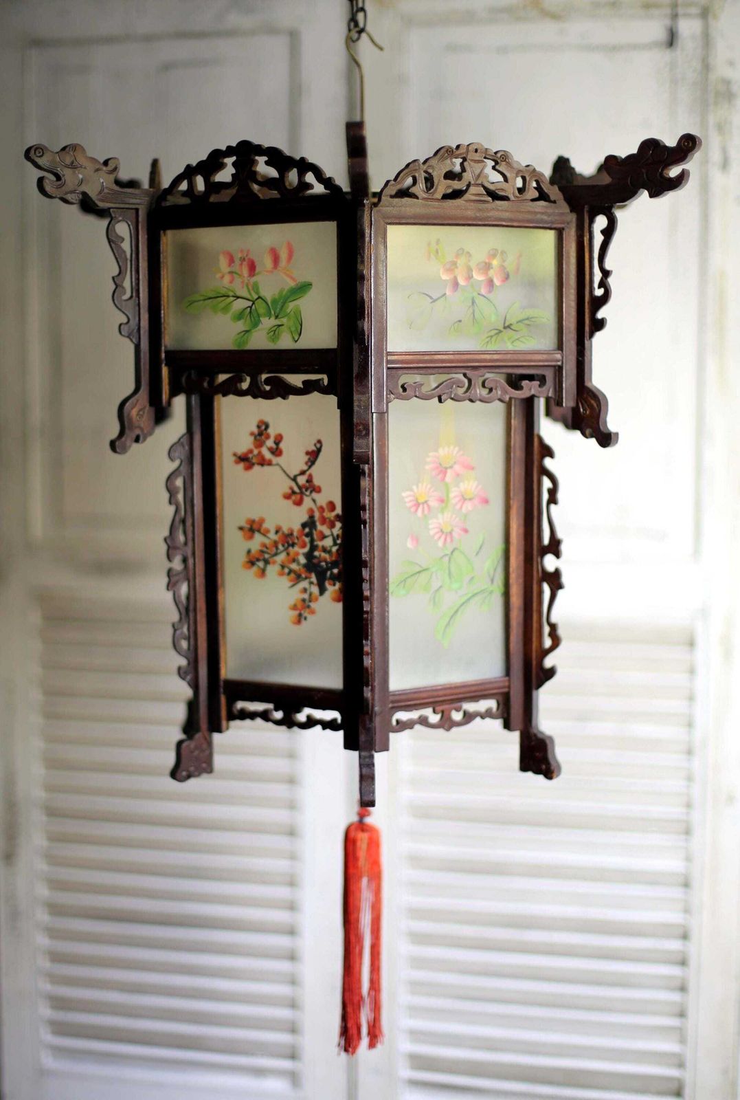 Antique Chinese Lantern Oriental Lamp Light Shade Lantern Reverse Painted Glass Panels Dragons photo buy