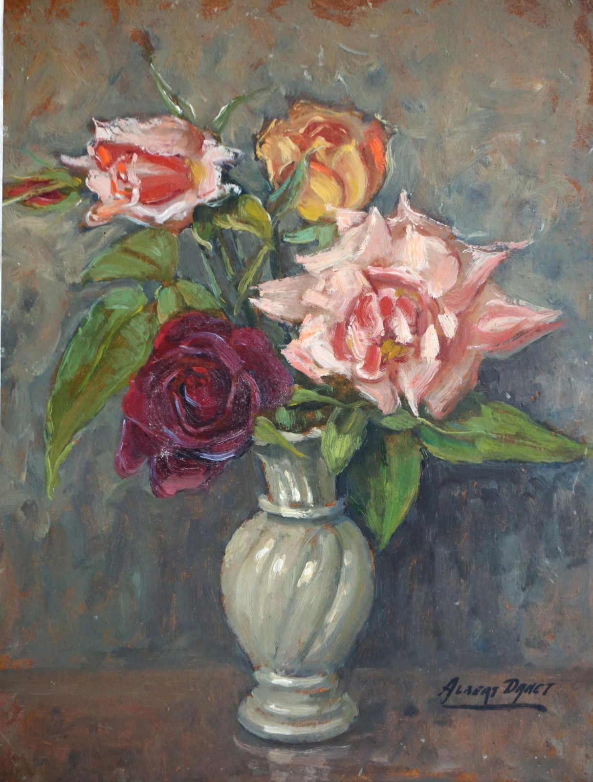 Original Oil Painting Still Life Framed Roses Floral Art Signed Albert Danet photo furniture