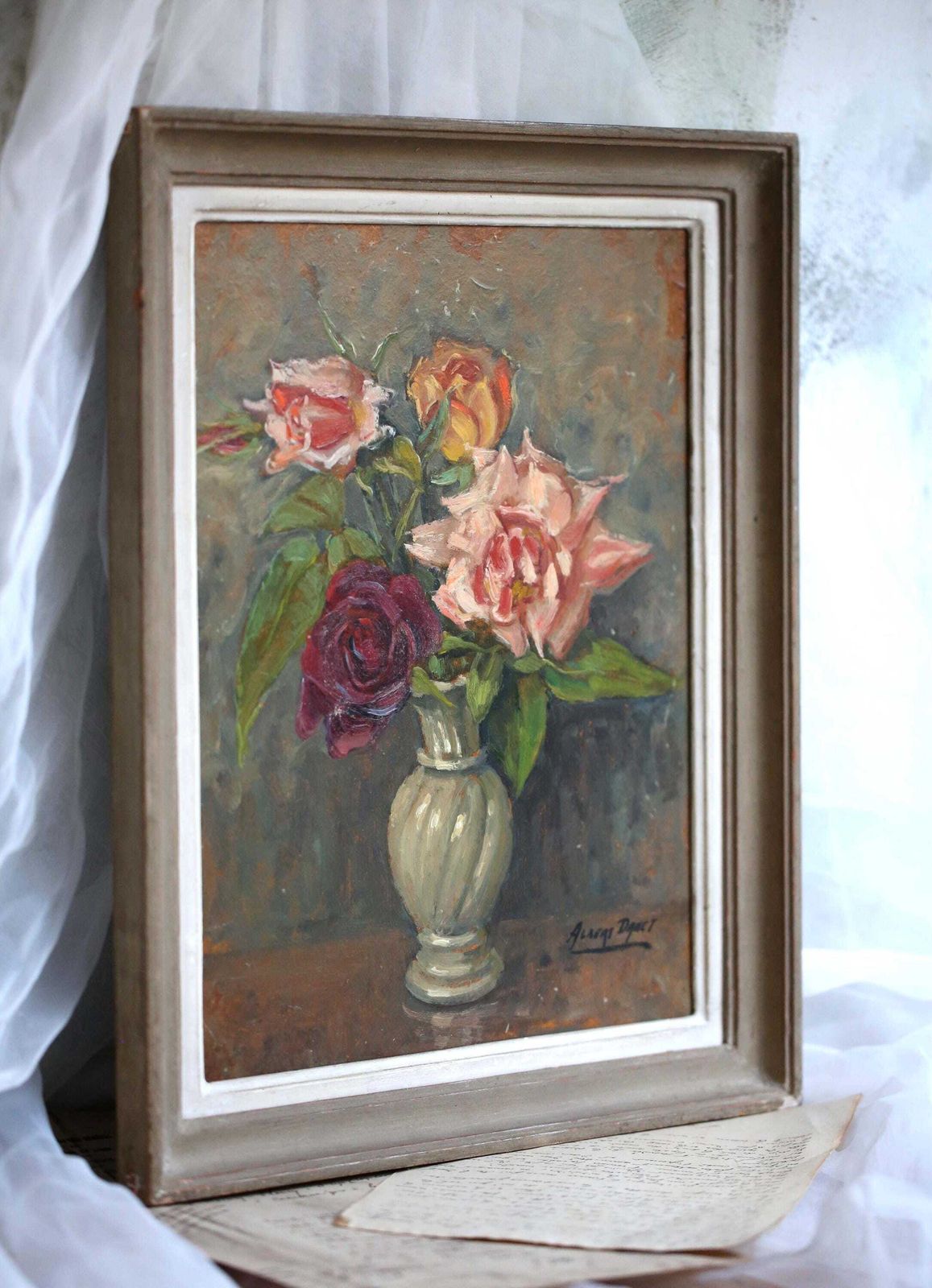 Original Oil Painting Still Life Framed Roses Floral Art Signed Albert Danet photo for sale