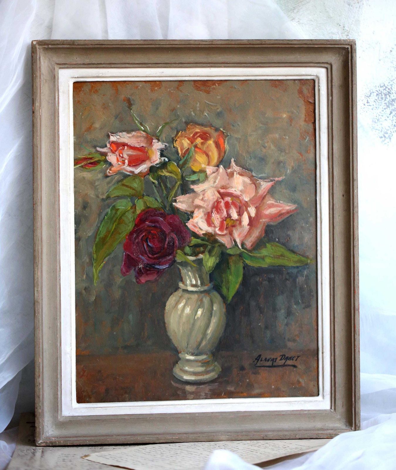 Original Oil Painting Still Life Framed Roses Floral Art Signed Albert Danet photo Art