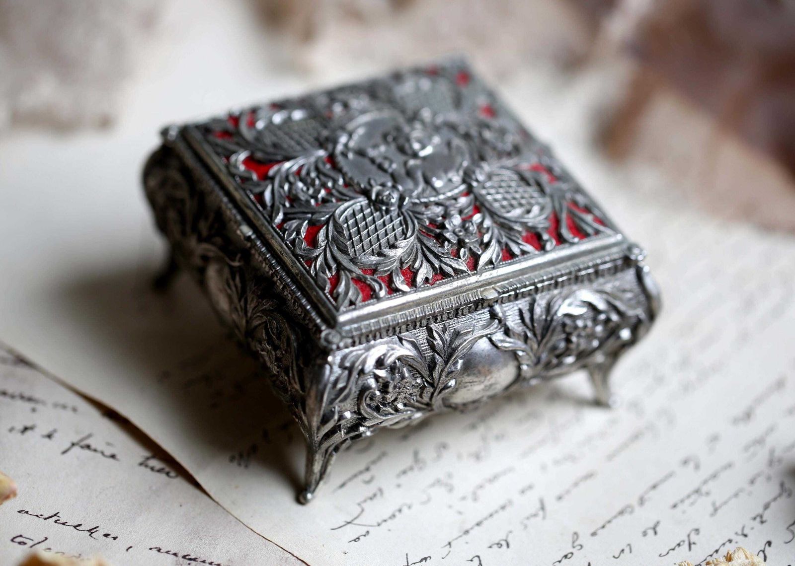Antique French Trinket Case Jewelry Box Filigree Presentation Case Wedding Square Engagement Ring Holder photo for sale