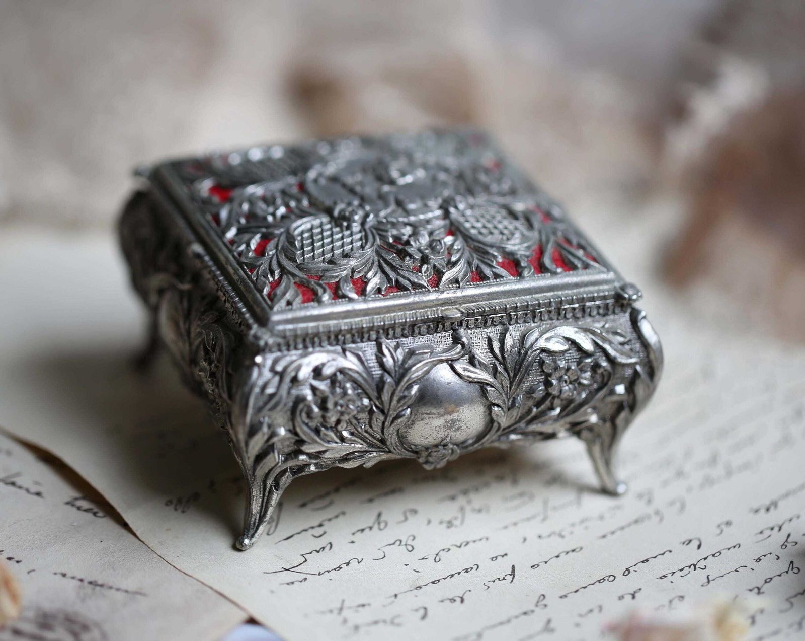 Antique French Trinket Case Jewelry Box Filigree Presentation Case Wedding Square Engagement Ring Holder photo buy