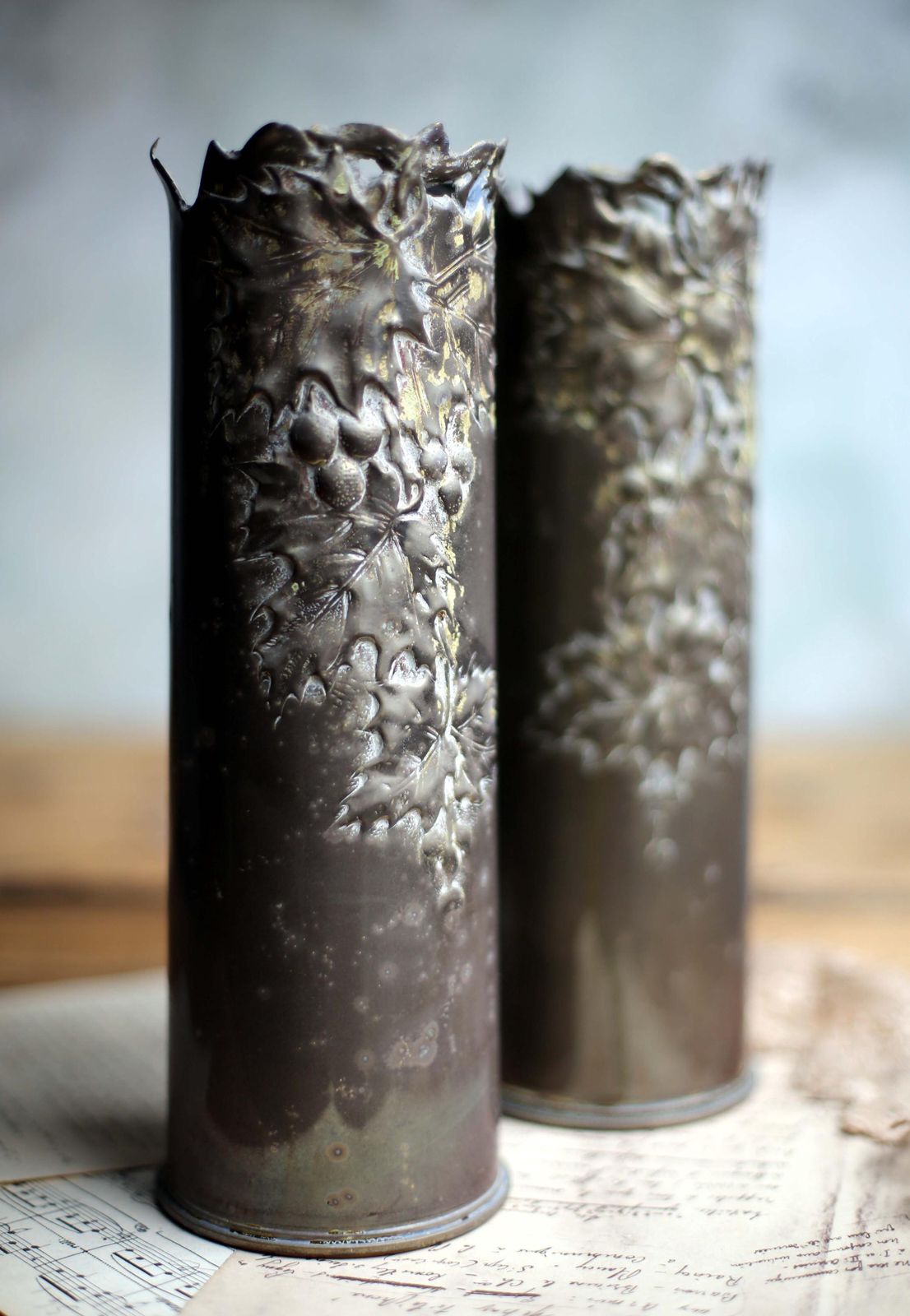 Pair Of British Antique Trench Art Vases Brass 18 Pounder Artillery Shell Cases Ww1 Holly