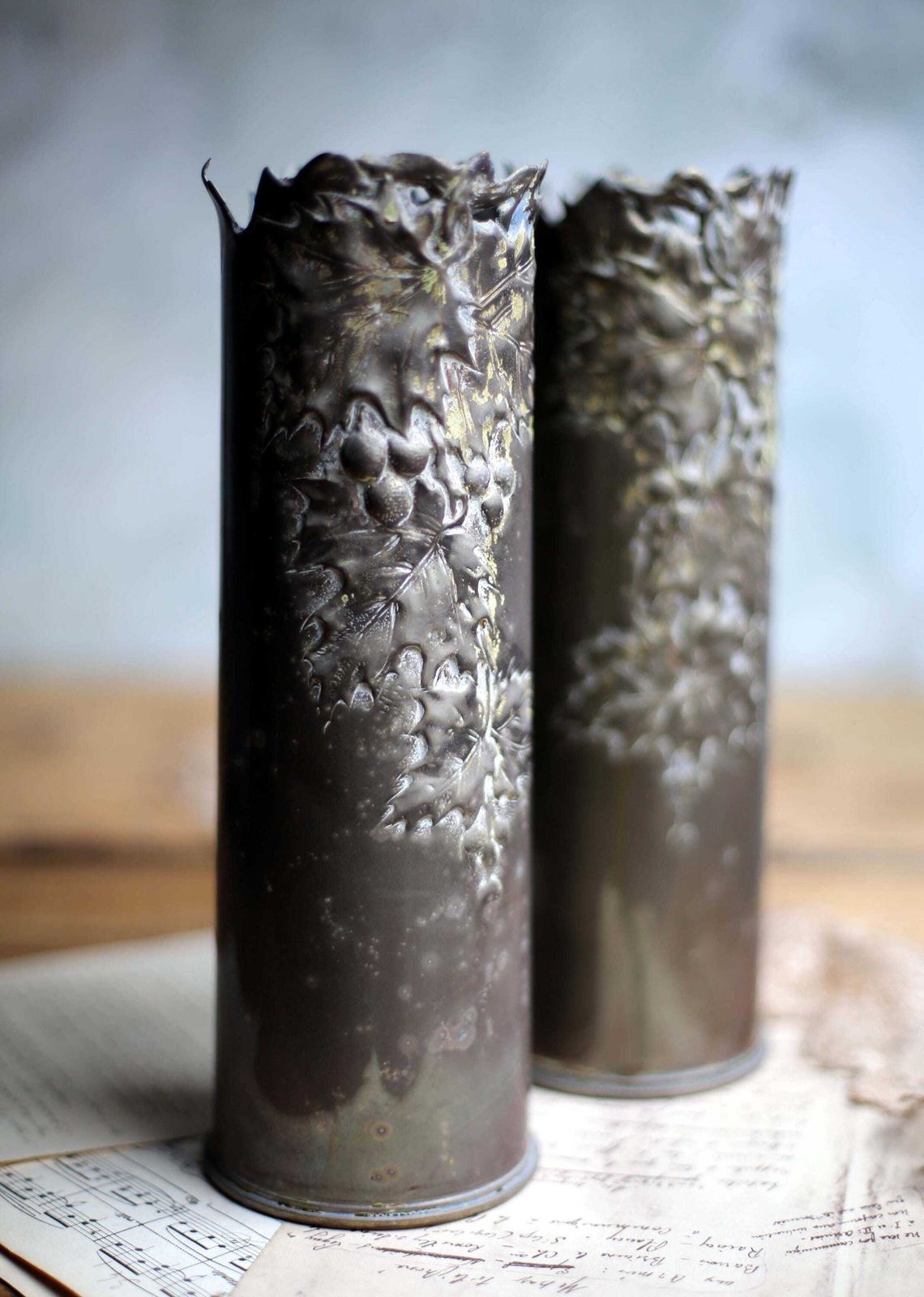Pair Of British Antique Trench Art Vases Brass 18 Pounder Artillery Shell Cases Ww1 Holly photo for sale