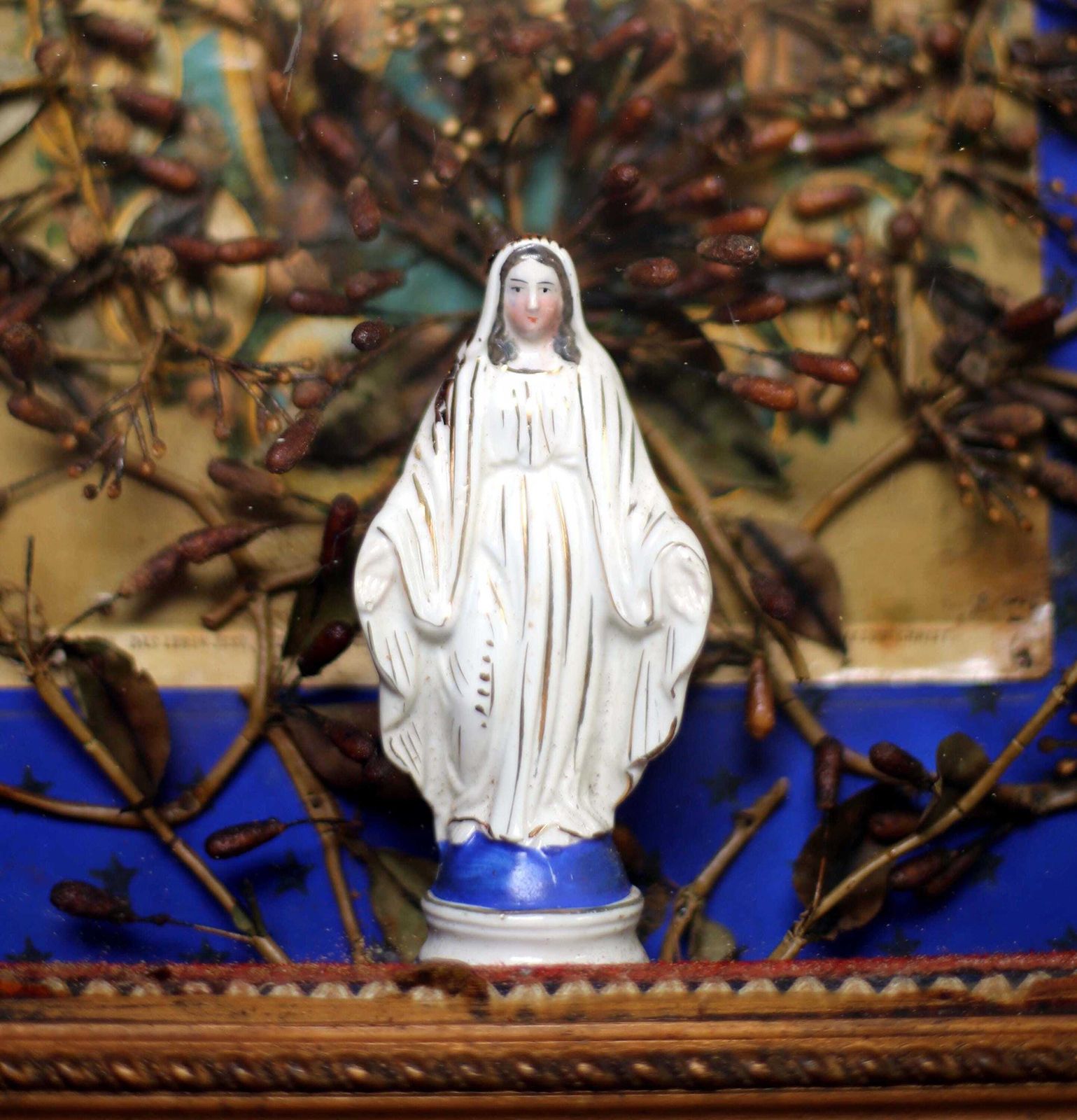 Antique French Framed Madonna Porcelain Virgin Mary Statue In A Glass Case Reliquary Display Box photo furniture