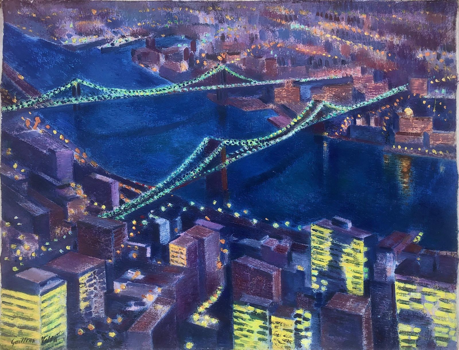 Guillem Villà Bassols – Nachtelijk Silhouet Van New York Met Verlichte Bruggen – Postimpressionistisch Olieverfschilderij Op Doek, 1981