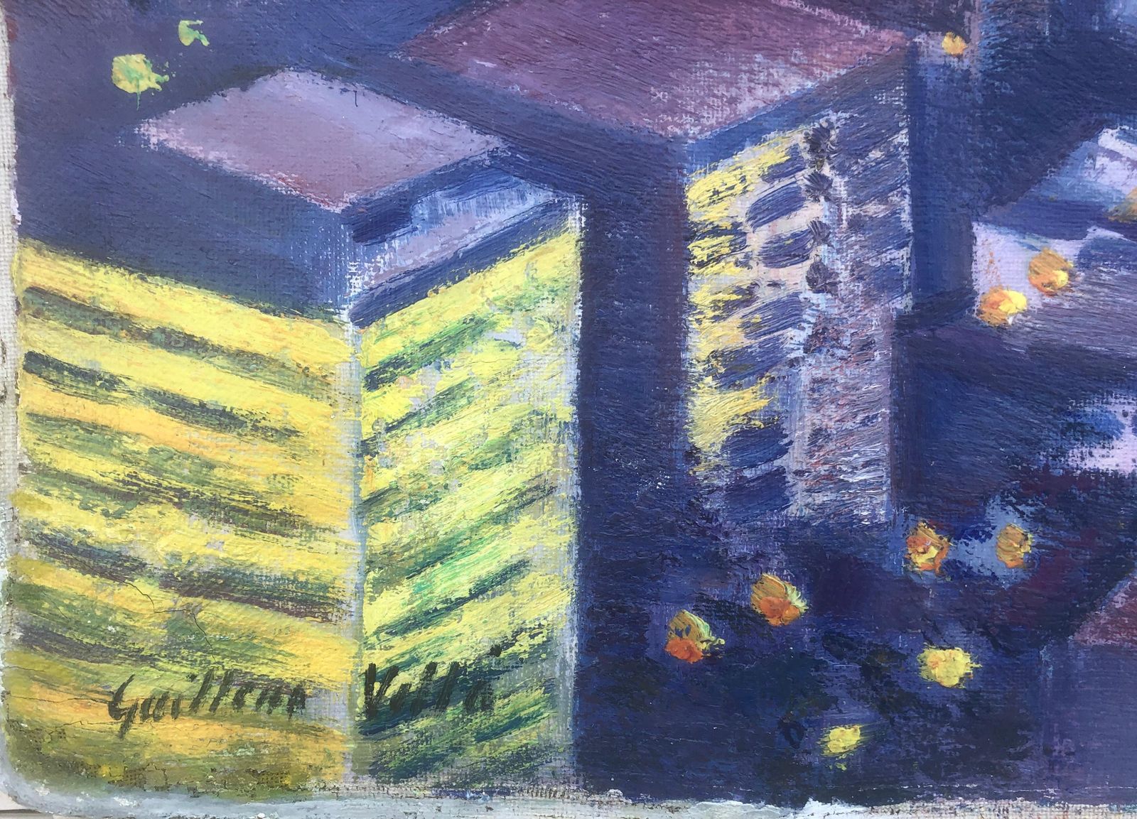 Guillem Villà Bassols – Nachtelijk silhouet van New York met verlichte bruggen – postimpressionistisch olieverfschilderij op doek, 1981 photo furniture