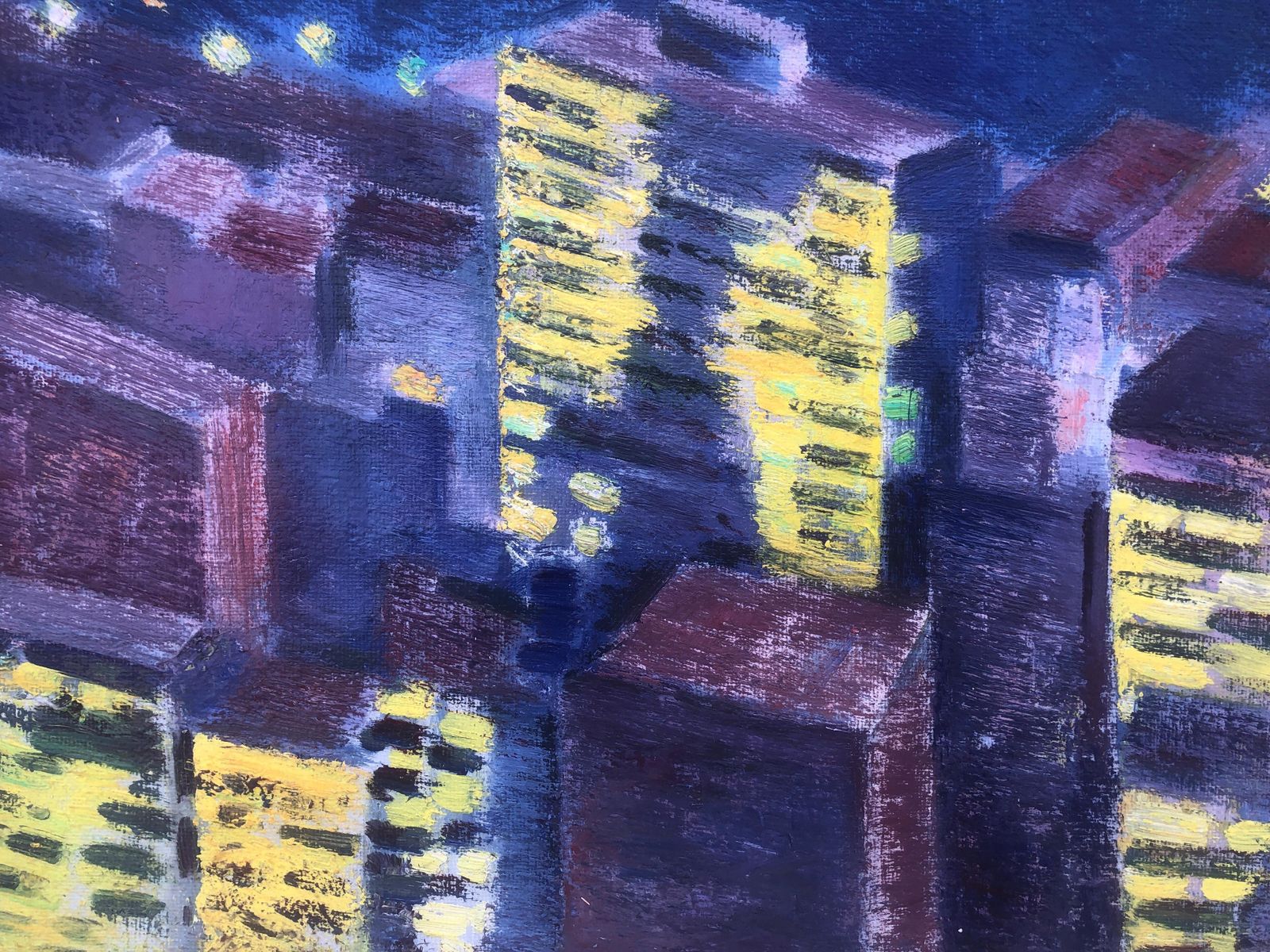 Guillem Villà Bassols – Nachtelijk Silhouet Van New York Met Verlichte Bruggen – Postimpressionistisch Olieverfschilderij Op Doek, 1981 photo vinterior