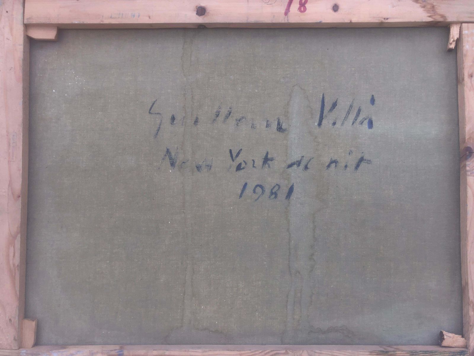 Guillem Villà Bassols – Nachtelijk silhouet van New York met verlichte bruggen – postimpressionistisch olieverfschilderij op doek, 1981 photo vintage