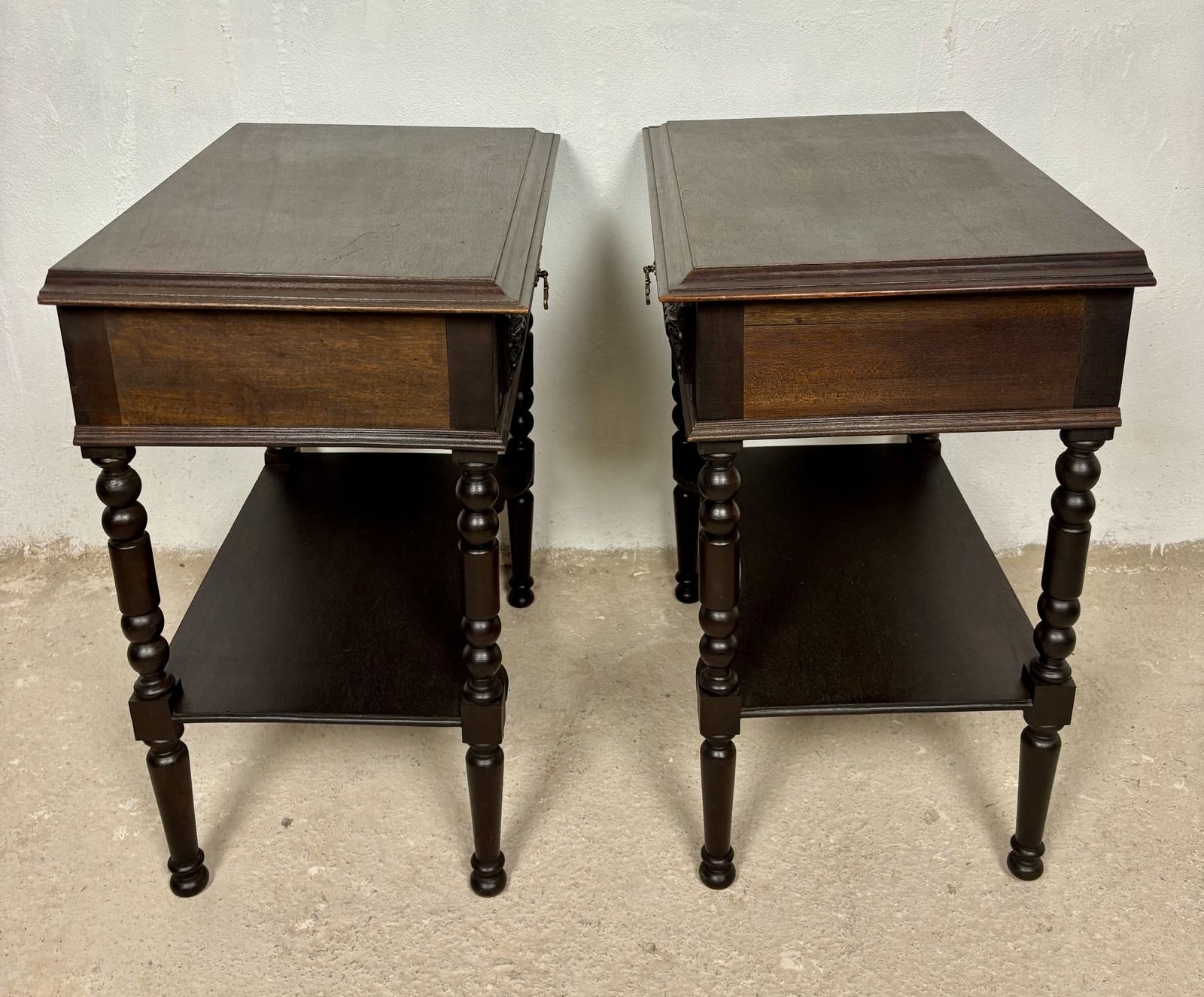 photo for sale Pair Of Spanish Bedside Tables With Carved Drawers, 1930s
