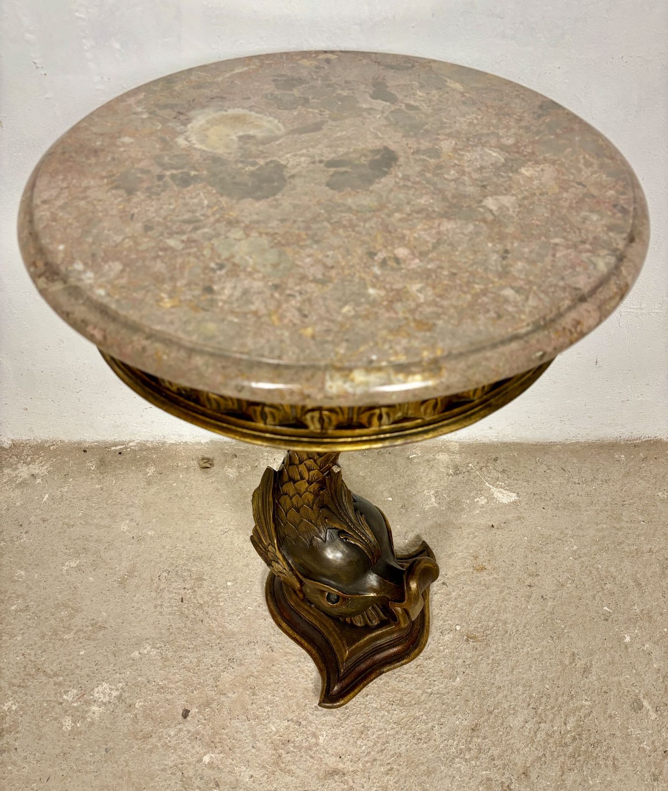 photo for sale Antique Polychromed Pedestal Side Table With Marble Top