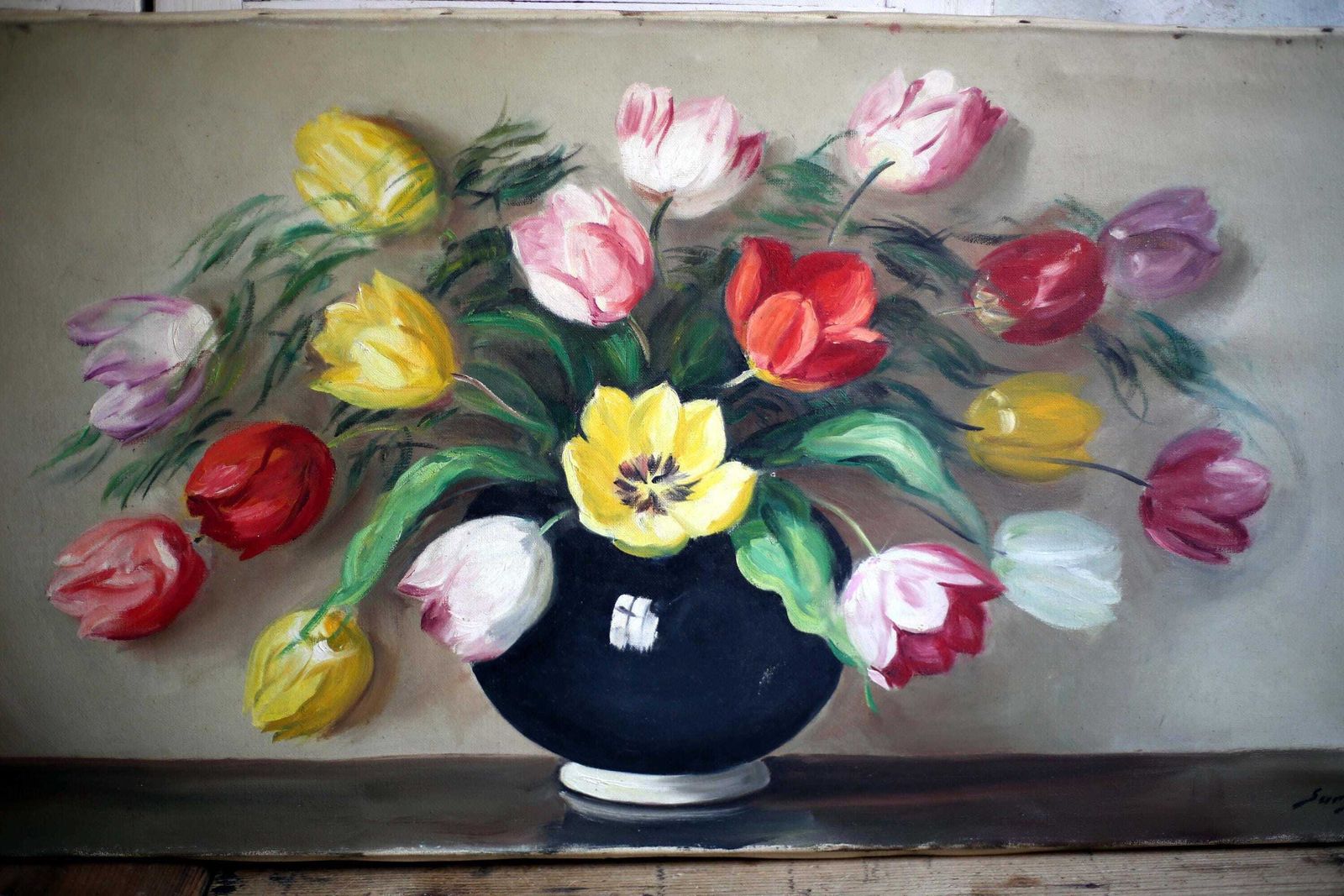 Large French Antique Oil Painting On Canvas Tulips Flowers Floral Still Life Signed A Surgeon photo for sale