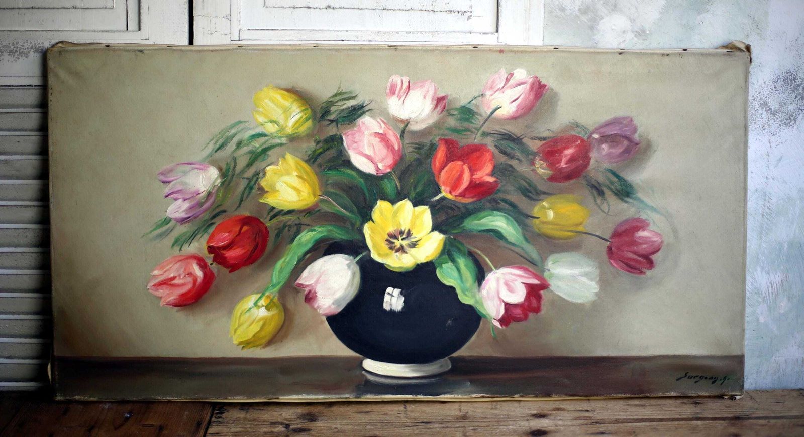 Large French Antique Oil Painting On Canvas Tulips Flowers Floral Still Life Signed A Surgeon photo 204.0
