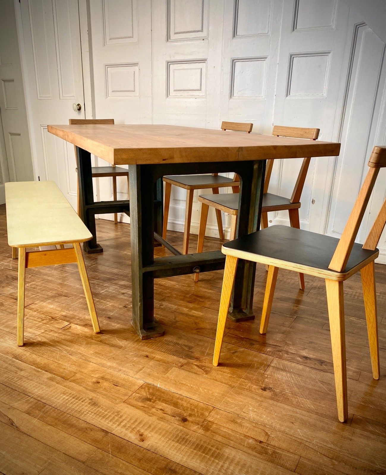 Vintage Industrial Kitchen Dining Table, Seat 6. Cast Iron Factory Legs, Desk. photo furniture