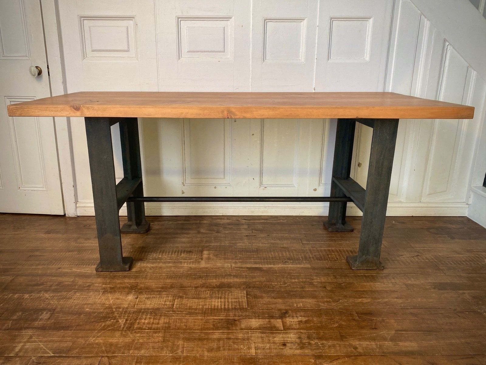 Vintage Industrial Kitchen Dining Table, Seat 6. Cast Iron Factory Legs, Desk. photo vintage