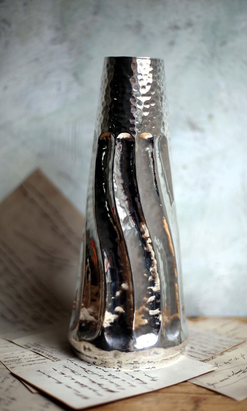Vintage Twist Tapered Vase Hand Hammered Silver Metal photo for sale