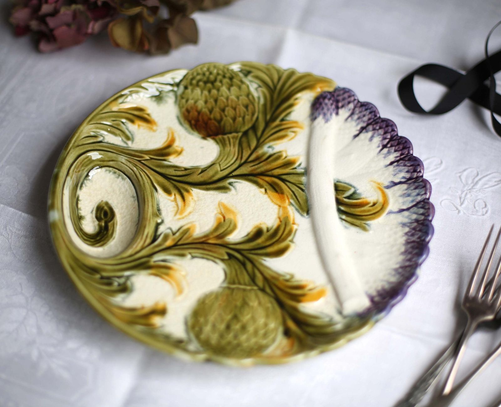 Antique Artichoke Plate Majolica French Asparagus Barbotine Serving Dish Orchies photo for sale
