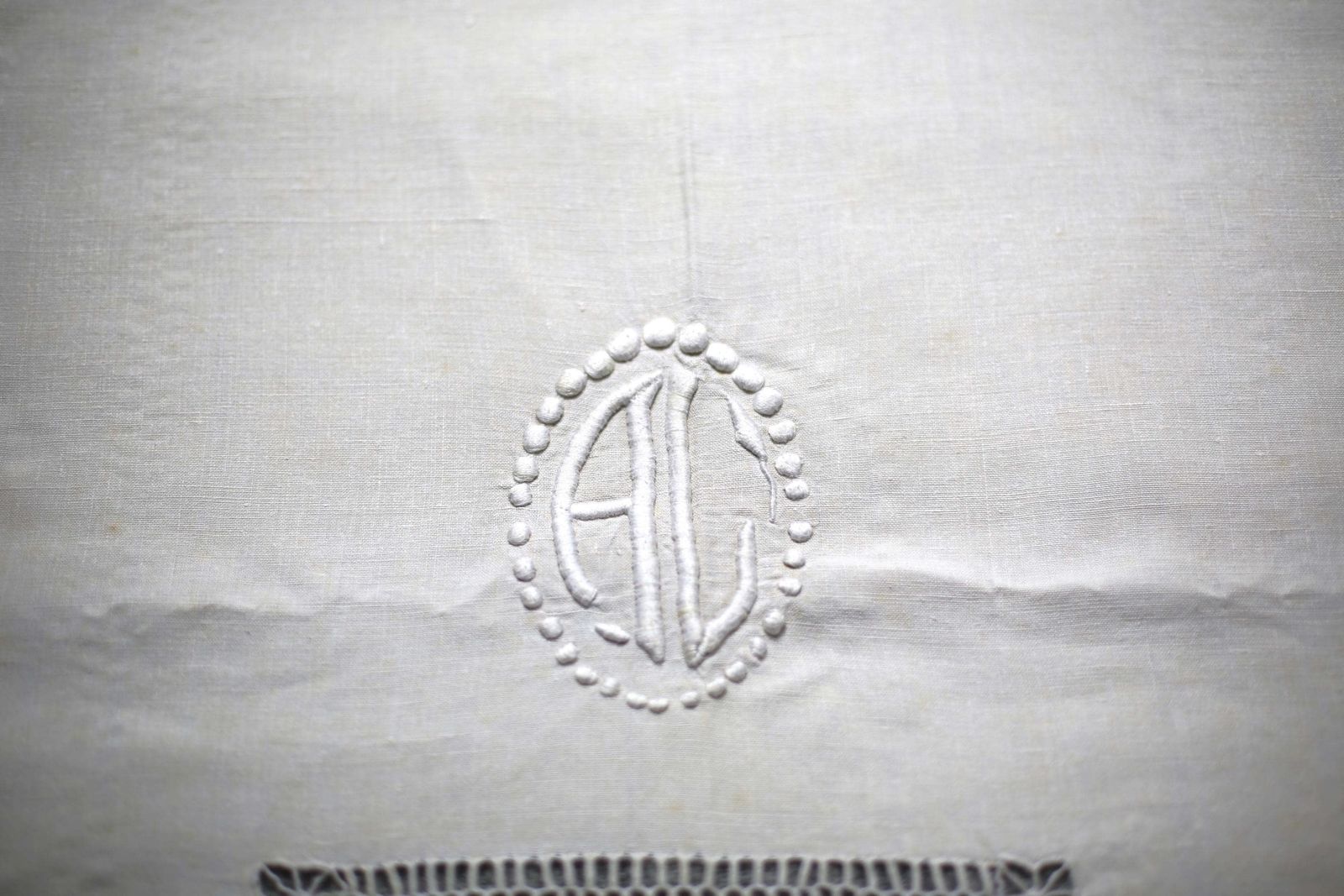 Large Antique French Bed Sheet White Metis Monogrammed Homespun Hand Embroidered Loomed Fabric Ac Double photo vintage
