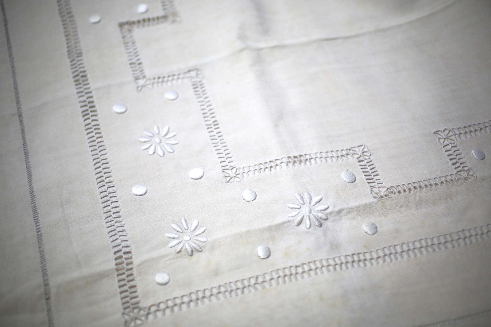 Textiles Large Antique French Bed Sheet White Metis Monogrammed Homespun Hand Embroidered Loomed Fabric Ac Double photo